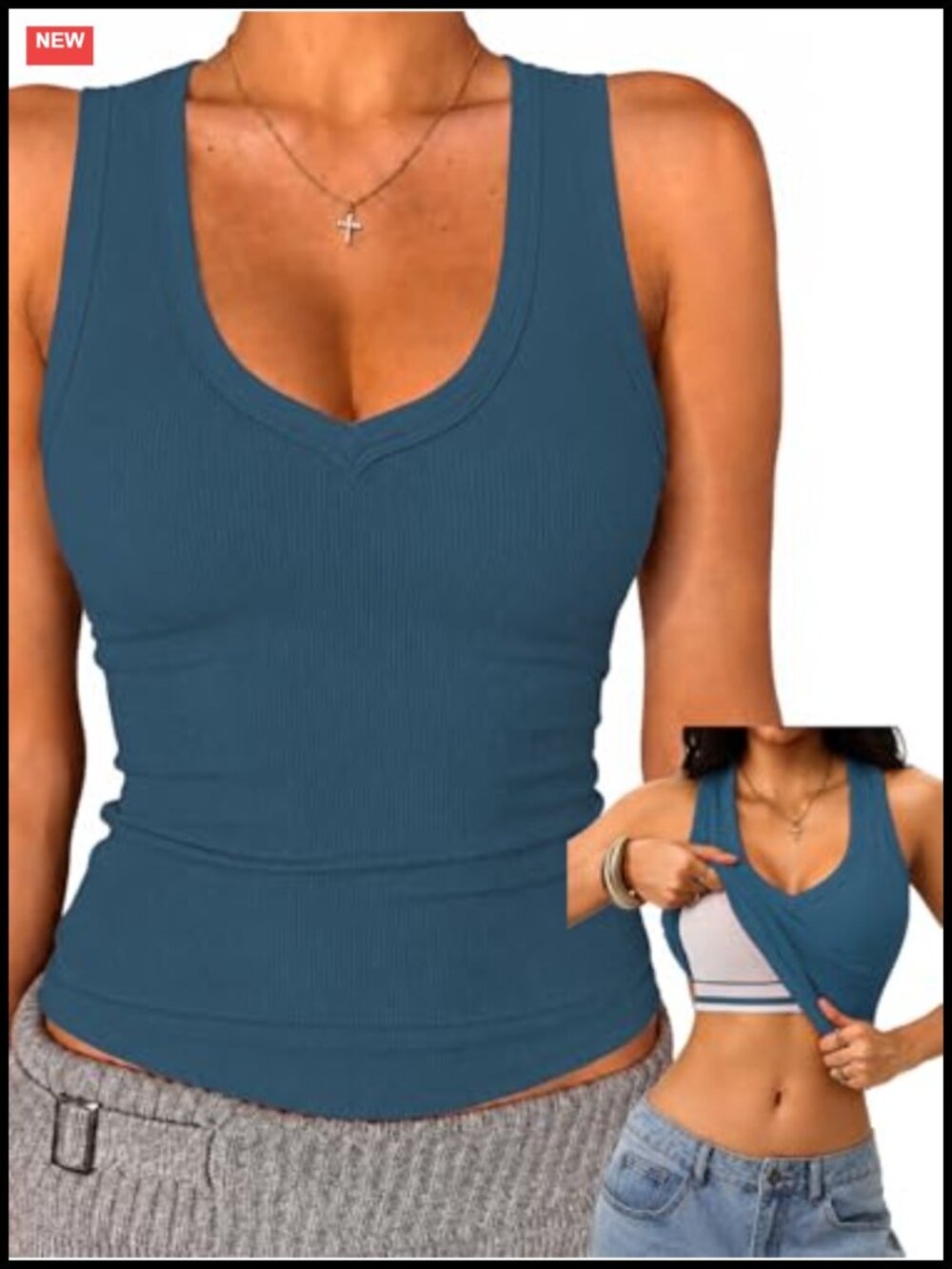 Built in Bra Tank Tops for Women Racerback Ribbed Sleeveless V Neck Shirts with
